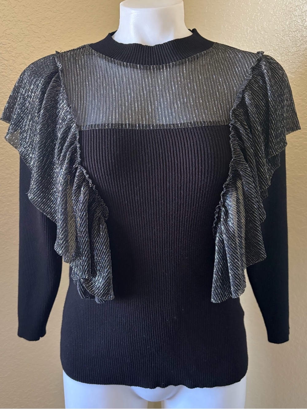 Black Knit Sweater with Silver Ruffle Accents